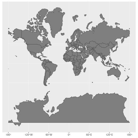 Comparing Mercator country sizes to their actual size, showing significant distortion at the poles.